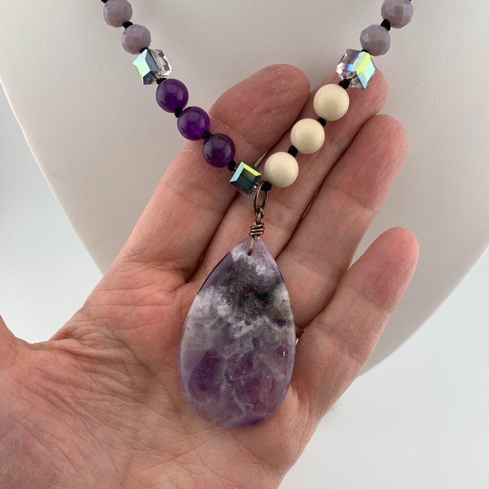 Amethyst Stone Teardrop Stone & Glass Beads Long Necklace Boho J890 - Picture 5 of 10